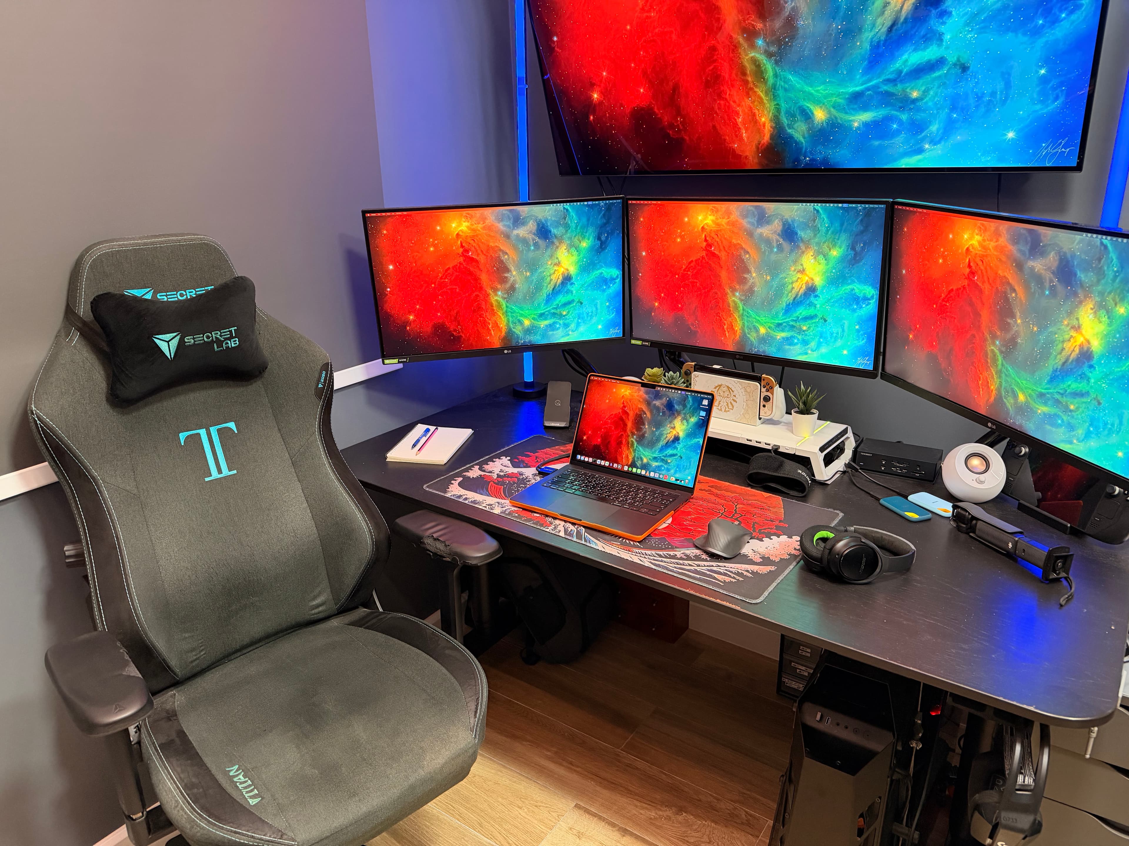 Complete desk setup with hardware callouts